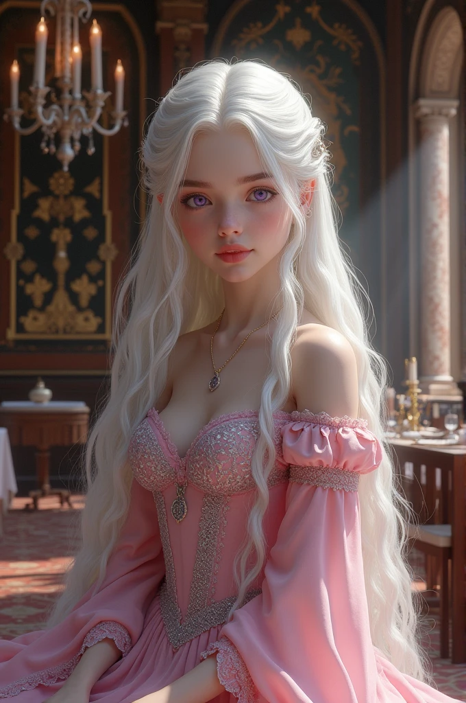 Make a young girl , she has long white hair and purple eyes, she has pale white skin, delicate features,she is very beautiful 
she is in a medieval dining room, middle ages, she is wearing a beautiful long pink dress with silver details 