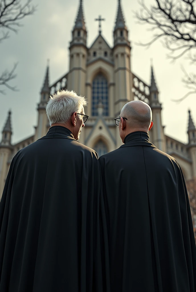 An elderly young man with dark skin, with short wavy hair, with a black priestly cassock, next to a bald adult with white skin and glasses, also dressed in priestly cassock, with a church in the background, both turned backs 