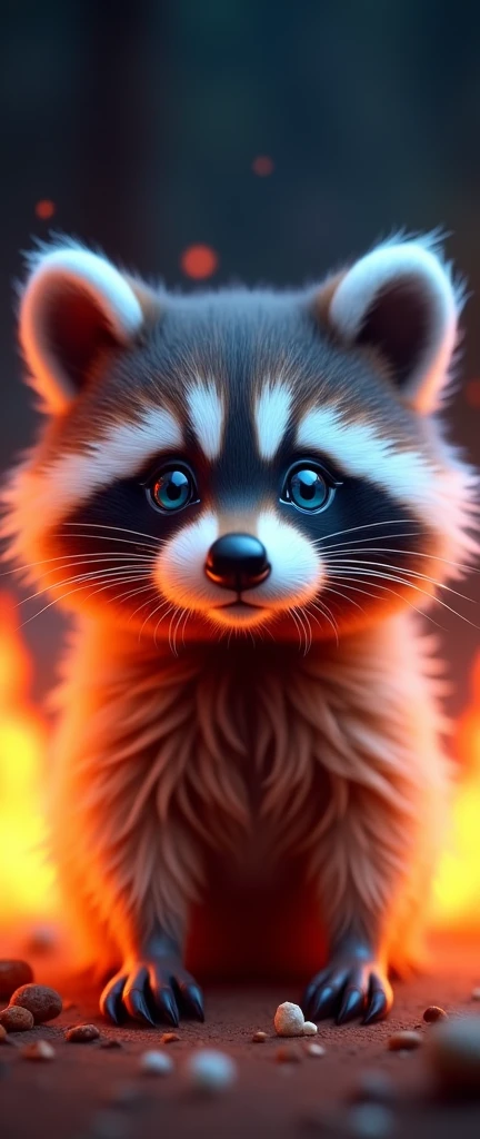 captivating photograph of a cute extra fluffy baby realistic raccoon with a striking contrast of fiery red and icy blue flames surrounding it. The flames appear to emanate from both sides of the raccoon's face, creating a symmetrical effect. The raccoon's eyes are vivid blue, and its fur is detailed with varying shades of brown and black. The background is dark, emphasizing the brightness of the flames and the raccoon's face.