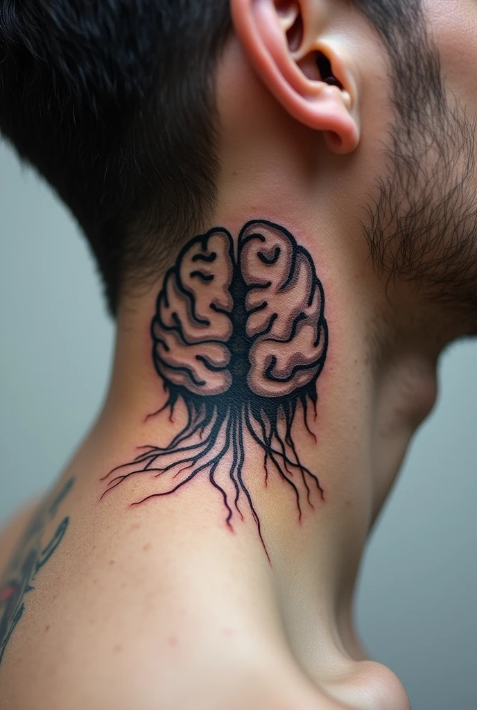 male neck tattoo about brain fine lines