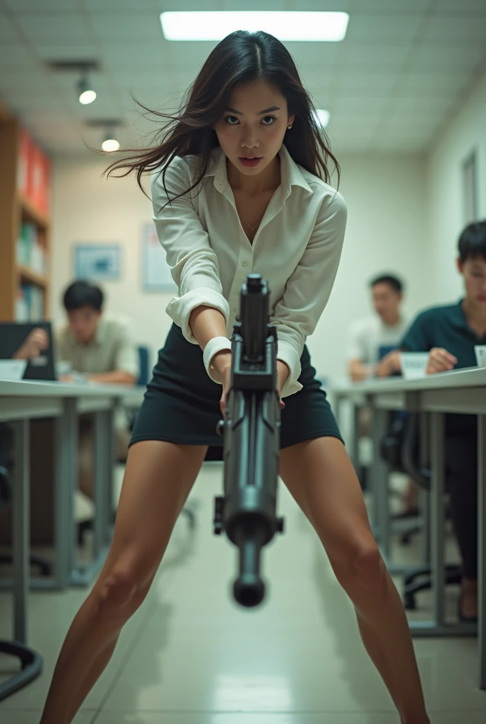 beautiful chinese office lady white shirt mini skirt realistic machine gun toting hip firing real person legs apart standing rampage shooting side facing angry expression


