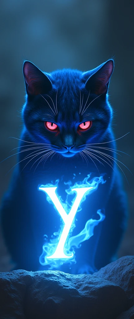A blue cat with red eyes looking at the letter Y and the number 7 of blue fire on the side with an evil face
