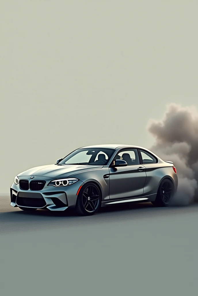 Small Old BMW M2 side view smoke behind car meters apart