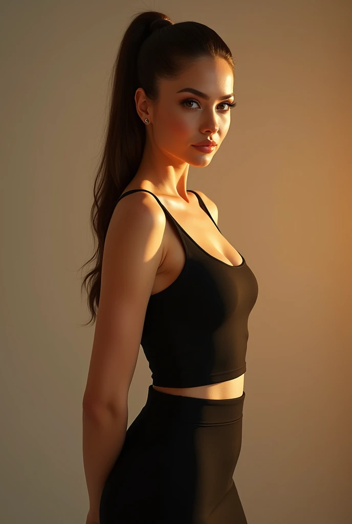 a very realistic and detailed photo of a beautiful french woman, tight black skirt, perfect makeup, long sleek straight ponytail brown hair, high quality, photorealistic, 8k, luxury, elegant, sophisticated, confident, studio lighting, cinematic, golden hour, warm tones, glowing skin, piercing eyes, full lips, sharp focus