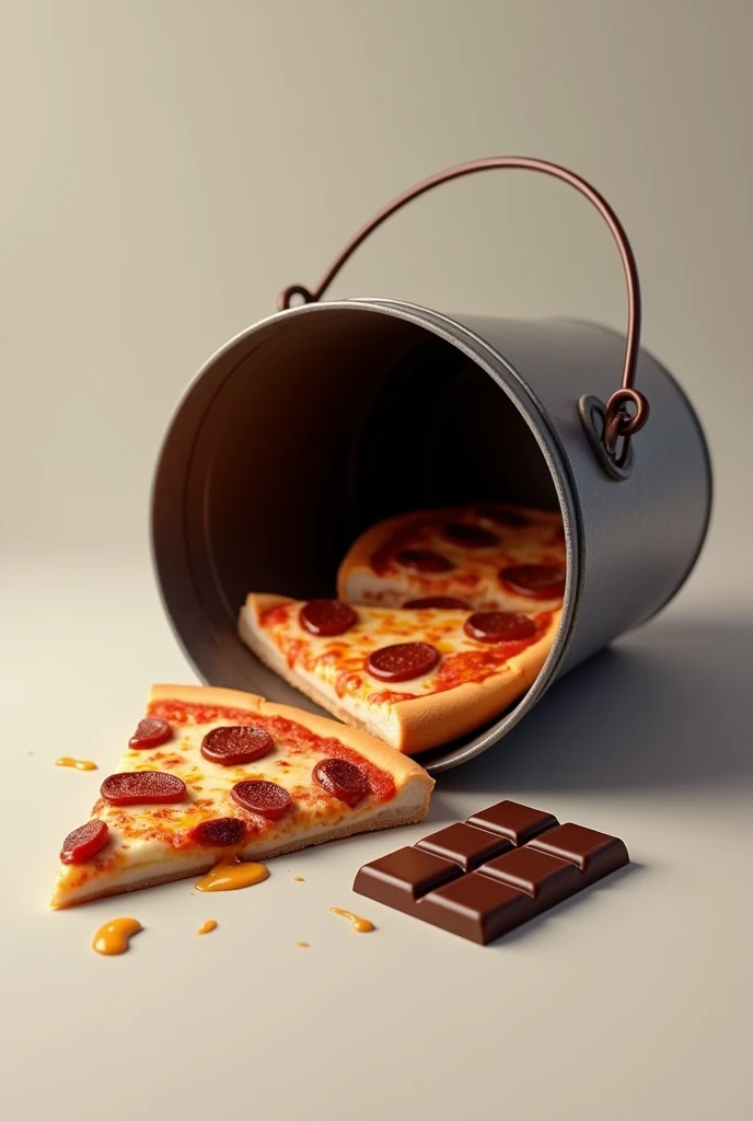 overturned bucket with two pieces of pizza and chocolate inside