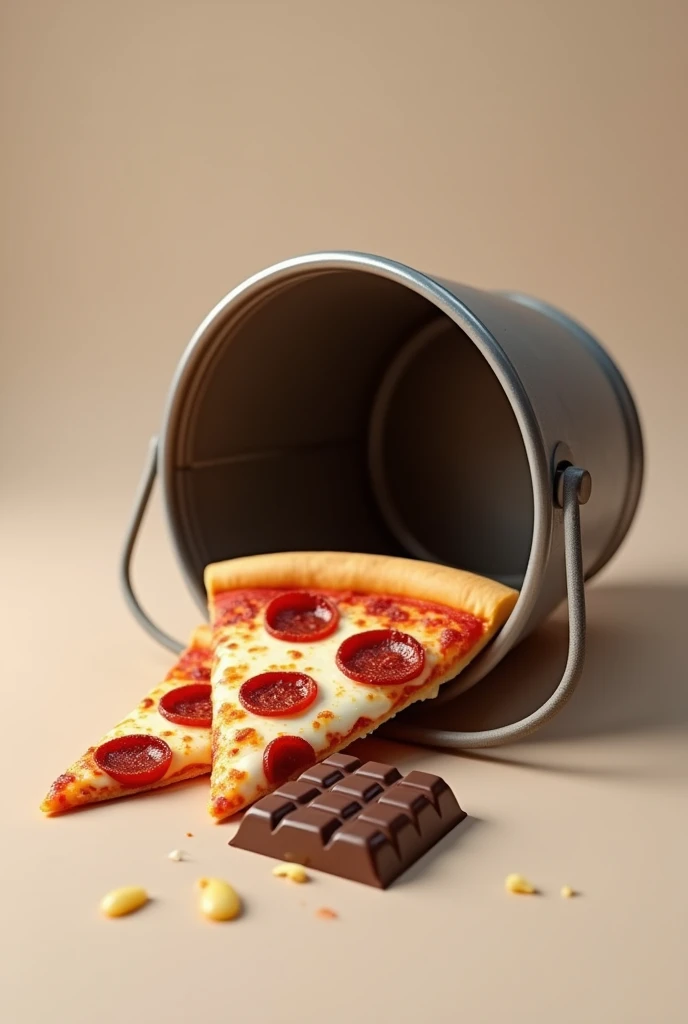overturned bucket with two pieces of pizza and chocolate inside 
