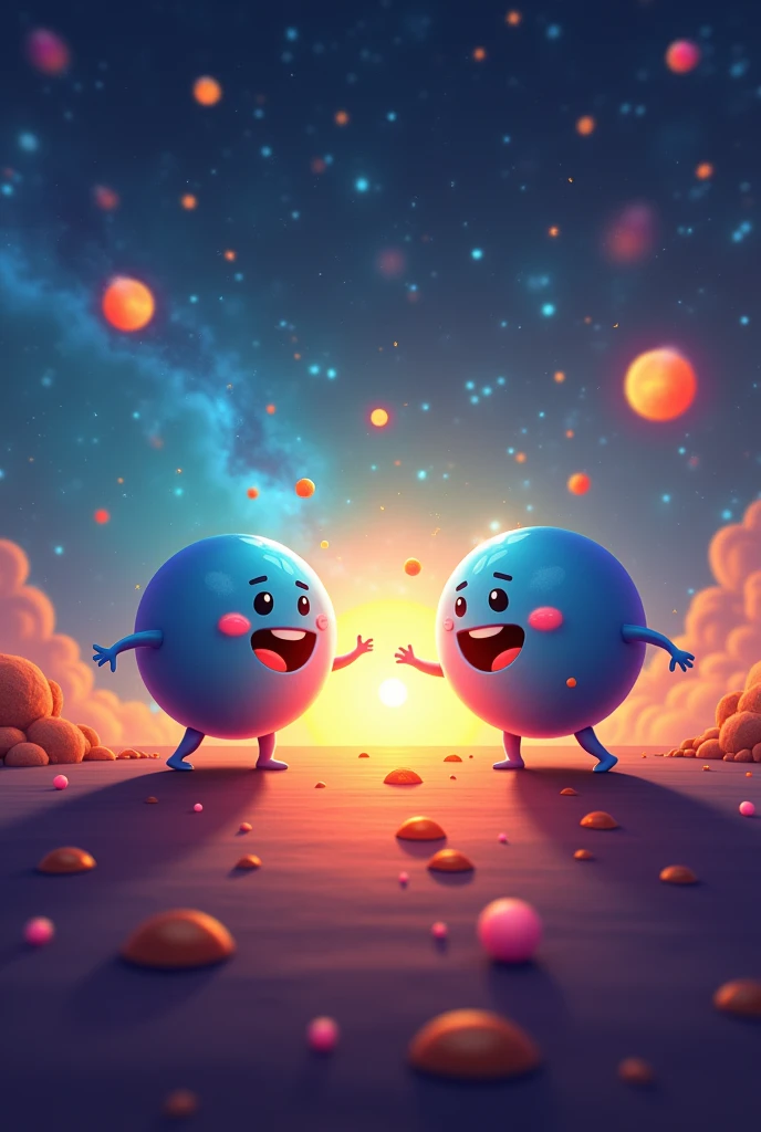 Draw two friendly hydrogen atoms, each represented as a blue sphere with a happy face and arms. They should be approaching each other against a colorful, starry background. As they meet, they fuse into a bright orange sphere representing a helium atom. Surround the new sphere with small, glowing particles to represent neutrinos. The background should show a vibrant space with stars and the Sun in the distance, shining brightly.