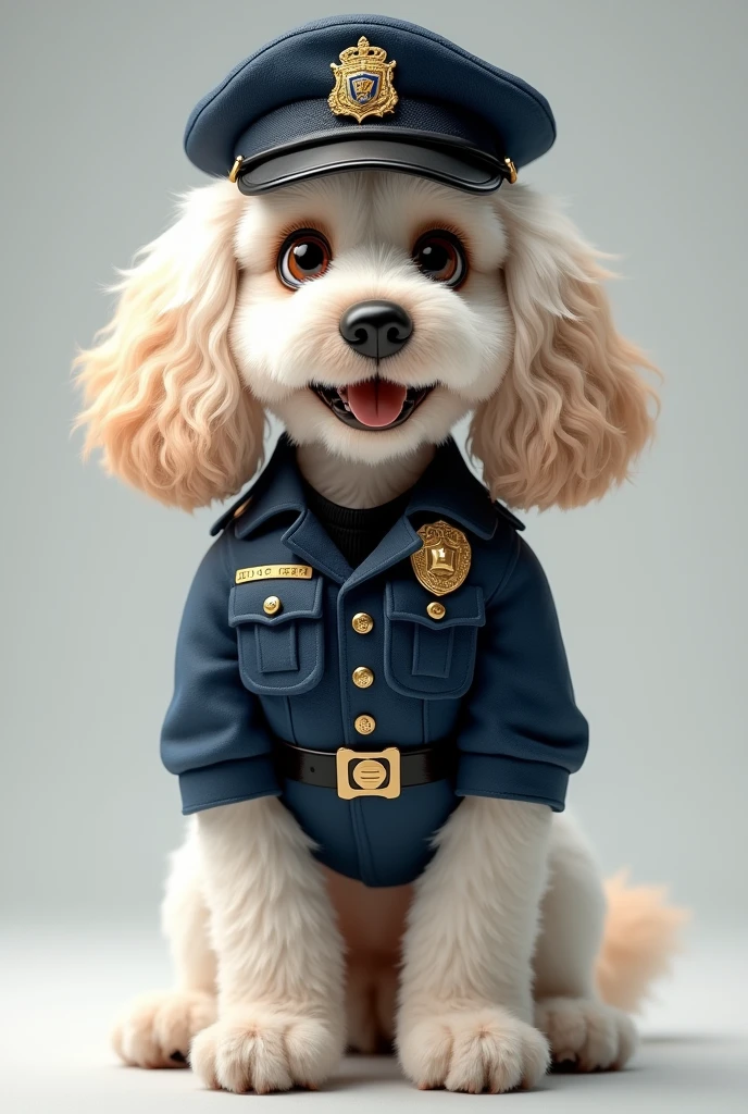 A white cocker spaniel dog with brown spots wearing a police uniform