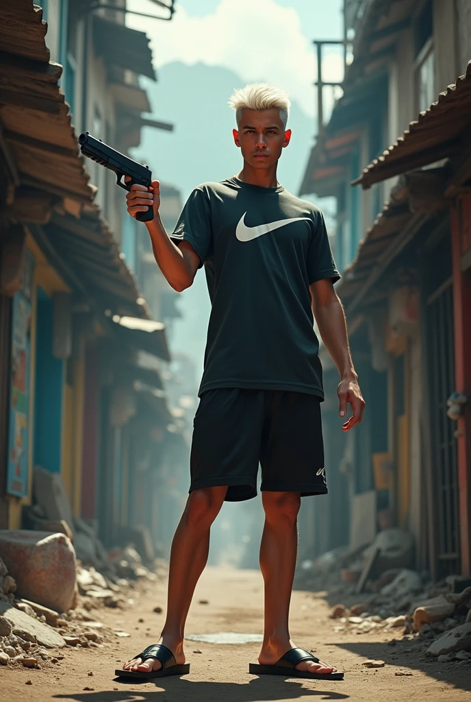 He wears a Nike shirt and shorts and black flip-flops with a gun in his hand in the favela of Rio de Janeiro. , and makes him with short hair and dyed white