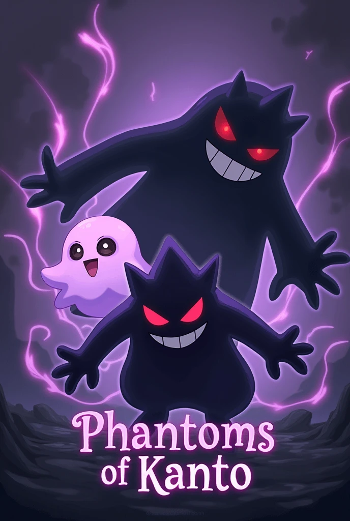 an image with Pokémon characters, on the left the gastly in the middle the Gengar and on the right the Haunter with the teg in the middle written phantoms of kanto and the purple background of the image with details and characters similar to the anime
