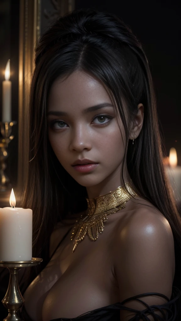 (Photos from 80s horror movies), Deeply dramatic and seductive full-length portrait (1.2), mesmerizing african vampire female figure, , gold and silver filigree accents, Focus on the neckline (1.3) breasts small, drawing attention to your sensuality. details Intricate, cinematic lighting, photo realistic way, background features flickering candles., work of art, best qualityer, high qualiy, high resolution, incredible lighting, detail enhancement, most beautiful image in the world, 8K resolution, inspirational, High definition
