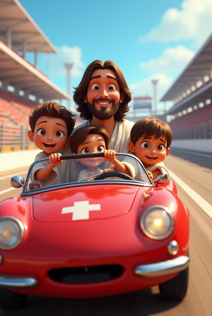 Uma imagem estilo Disney Pixar com Jesus e 3 crianças em um carro numa Speedway. Jesus must be driving the car, the steering wheel must be clearly visible. MAKE JESUS SMILER, Speedway. LET JESUS BE CUTER. Na imagem deve conter um Speedway visível atrás do carro. The expression on the faces of Jesus and the children must be of people who are happy and having fun., must have a RACE TRACK. Jesus' hands should be on the steering wheel driving a car, numa Speedway. must have a RACE TRACK.