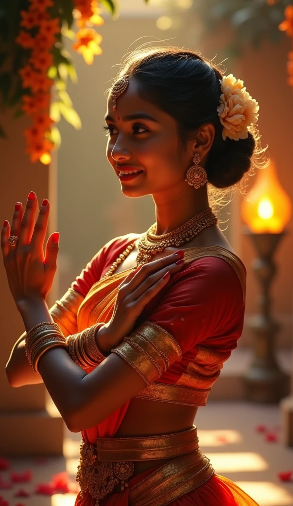 
"A full-body portrait of a graceful Bharatanatyam dancer in the Tr̄ibhanga pose (Three Bends Pose), expressing love and anticipation. The dancer is a young woman with expressive eyes, a gently tilted head, and a serene smile, symbolizing her love and longing for her lover. She is dressed in a traditional Bharatanatyam costume with vibrant colors, intricate jewelry, and flowers adorning her hair.

One hand is in the Shikara Mudra near her heart, representing the deep love she holds, while the other hand extends outward in the Alapadma Mudra, symbolizing the blossoming of that love and the act of giving. The background is a warm, softly lit setting, resembling a temple or garden, with elements like flower garlands and a traditional lamp, enhancing the romantic and devotional atmosphere. The lighting highlights the elegance of the pose and the emotional depth of the scene."