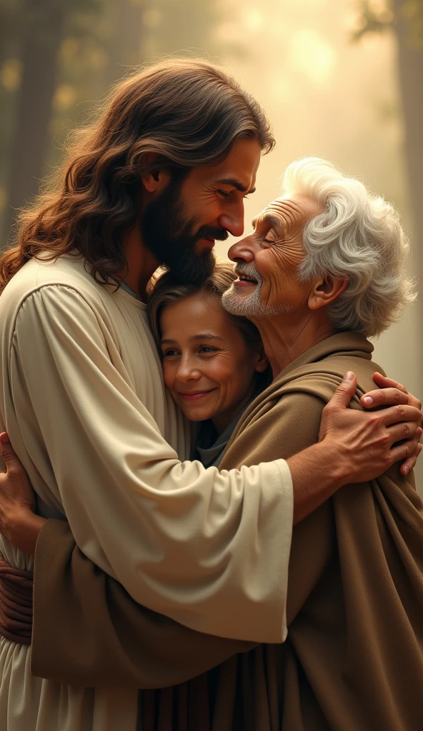 An image of Jesus smiling and hugging an elderly couple, an old man and an old woman 