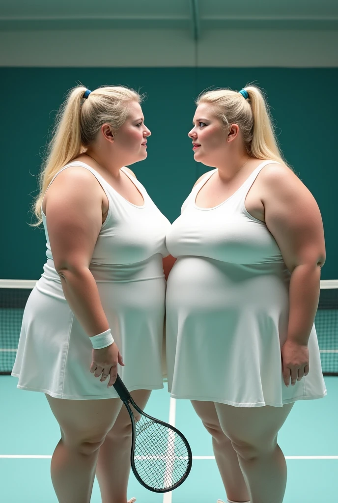 A 2 obese fat pale blonde blue eyed woman wearing a tennis dress who are playing, proffessional light, photostudio