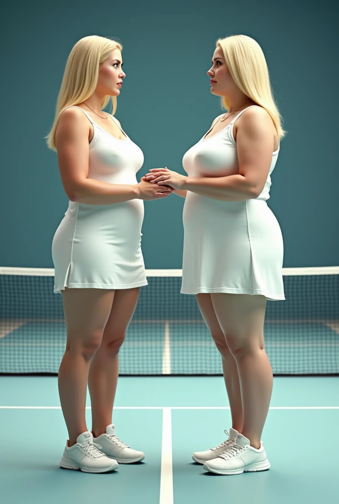 A 2 obese fat pale blonde blue eyed woman wearing a tennis dress who are playing, proffessional light, photostudio