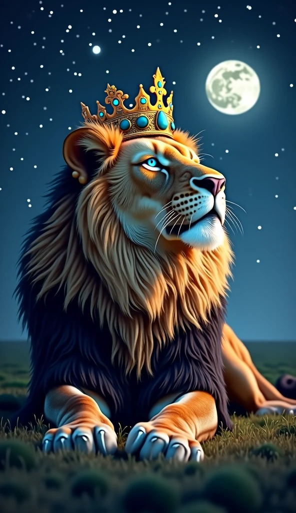 Generate a super mega hyper ultra realistic 8k image of a lion with blue eyes , stark, bonitas, with a king's crown on his head looking at the sky at night