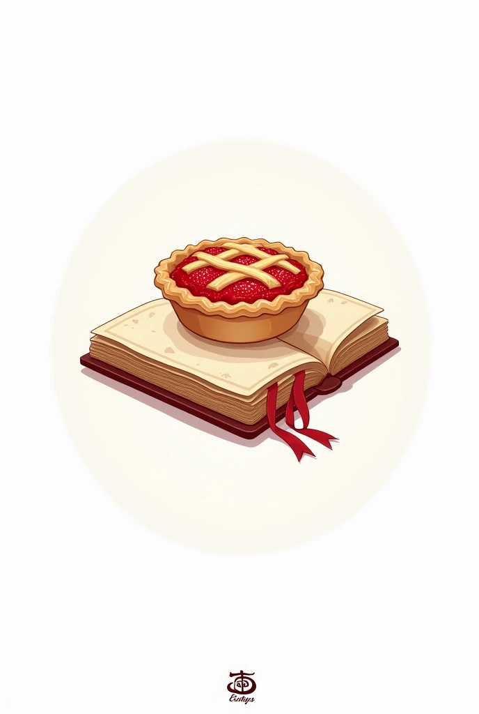 logo representing an open book with a strawberry pie on top all on a white background