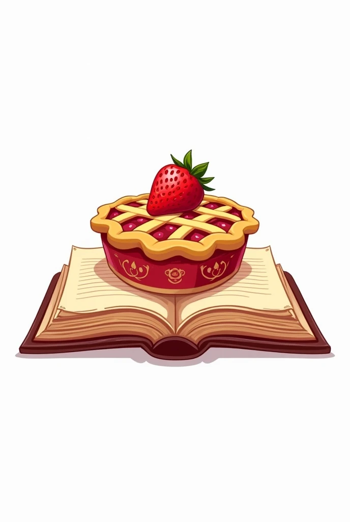 logo representing an open book with a strawberry pie on top all on a white background
