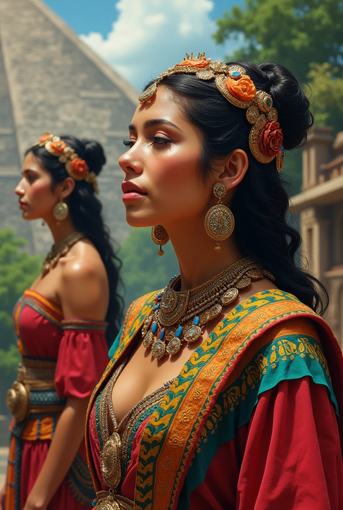 Artistic representations of beautiful Mexican women, in scenes from ancient Tenochtitlan of the pre-Hispanic age