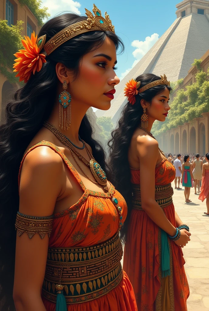 Artistic representations of beautiful Mexican women, in scenes from ancient Tenochtitlan of the pre-Hispanic age