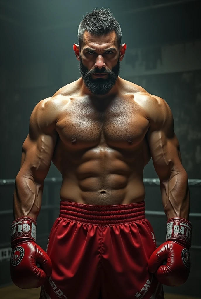 A muay thai athlete, with short hair, beard, shirtless and with red shorts and boxing gloves.