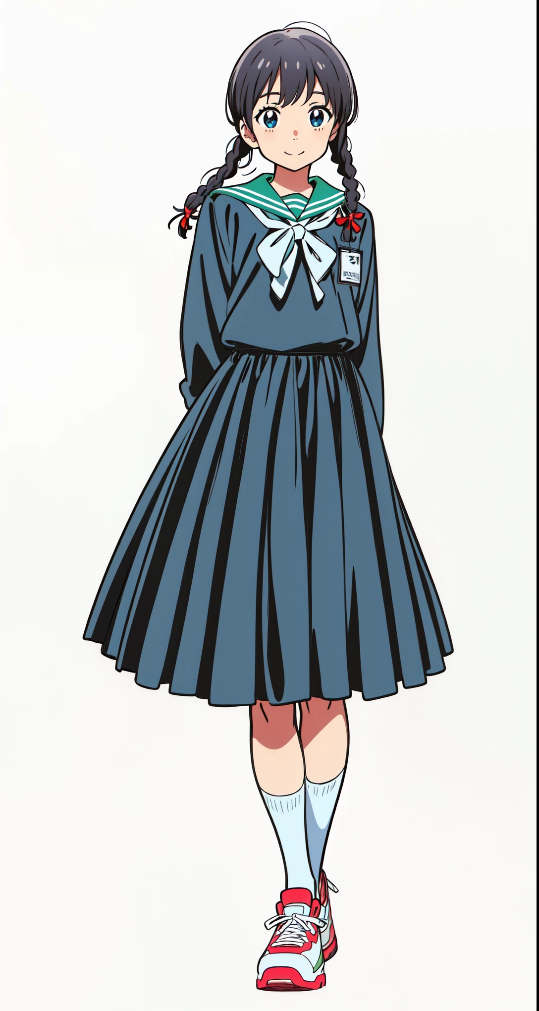 (white background:1.0), (best quality:1.0), (masterpiece:1.0), (super fine illustration:1.0), (beautiful artwork:1.0), (anime screencap:1.0), (official art:1.0), (full body:1.0), (solo:1.0), (a 14yo cute girl:1.0), (long skirt:1.0), (dark blue skirt:1.0), (pleated skirt:1.0), (dark blue sailor uniform:1.0), (long sleeve sailor uniform:1.0), (name tag:1.0), (sneakers:1.0), (white socks:1.0), (ideal ratio body proportions:1.0), (lanky:1.0), (tall:1.0), (slender:1.0), (small breasts:1.0), (smaller face:1.0), (tareme:1.0), (smile:1.0), (cheerful:1.0), (detailed beautiful eyes:1.25), (detailed beautiful face:1.25), (glowing black eyes:1.0), (short hair:1.0), (swept bangs:1.0), (twin braids:1.0), (black hair:1.0), (standing:1.0), (looking at viewer:1.0)