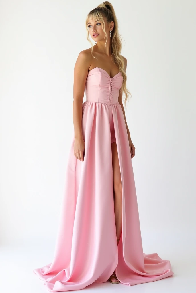 Ariana 2020, posing on a white background, wearing a very elegant and long pink dress, ponytail, blonde hair with brown roots, blonde bangs, full body