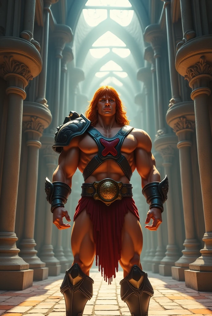 photoshot: a man in armor in front of a castle, inspired by Daniel Ljunggren, Scenario: interior of the main hall of grayskull castle inspired by the cartoon he-man, charachter: long shoulder-length hair, cabelo com tom cabelo alaranjado inspirado no charachter he-man, lively and confident look, serious and focused expression, tall and erect posture, muscular and bulky body, Lighting: strong natural light coming from the top of the main hall, vision: free camera