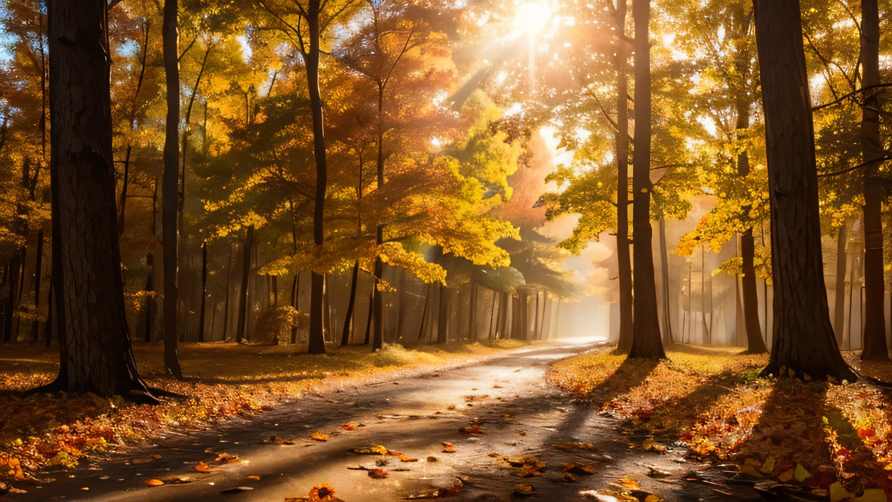 photorealistic scenery of forest in autumn, with colorful leaves, some on the ground, some falling, sun coming from between the leaves, realistic, cinematic, colorful, details