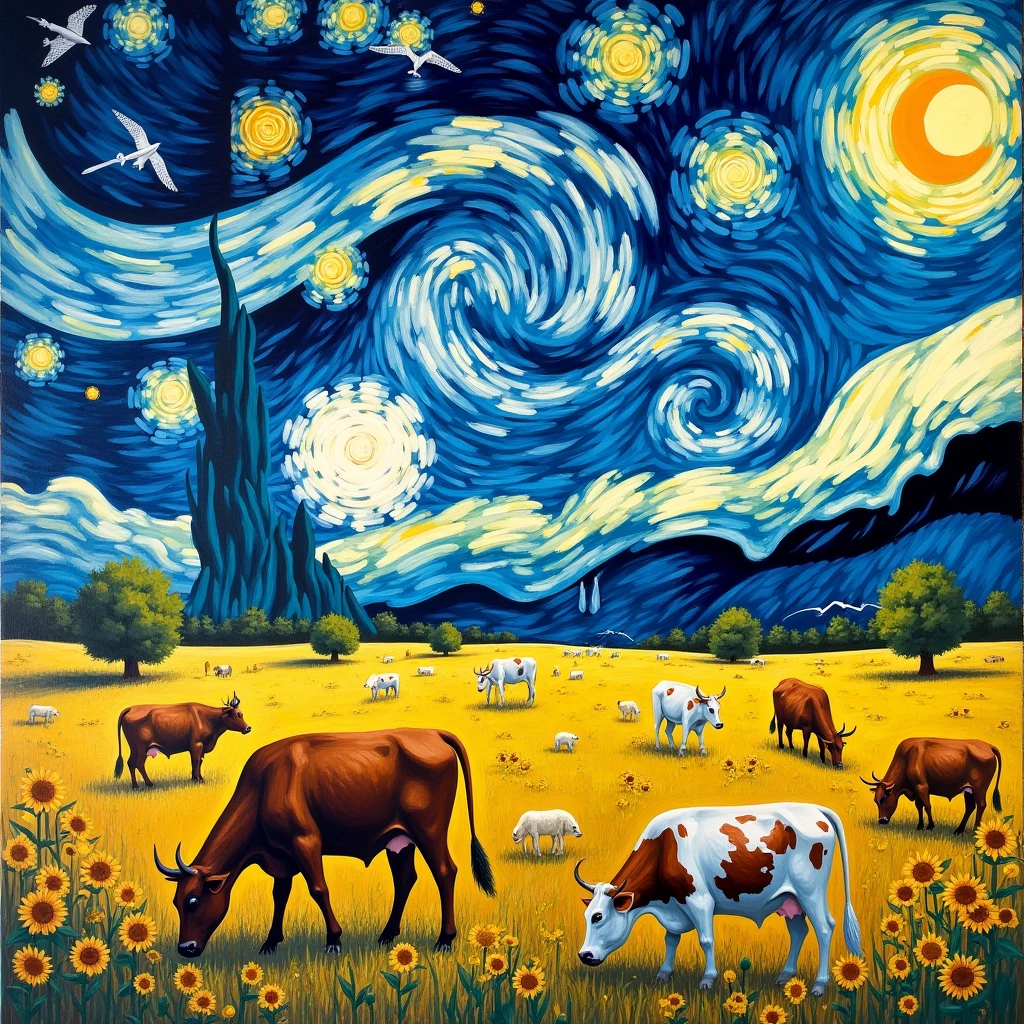 An art 46 meters wide. Containing van gogh's sunflower fields with cow and ox type animals, and van gogh's starry sky containing bird-like birds. watercolor style, but with simple features.