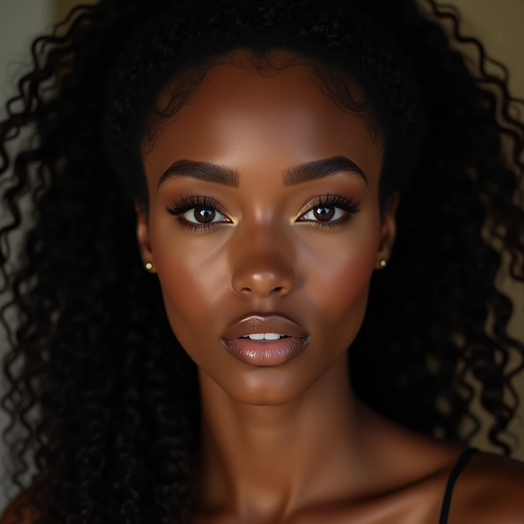 raw, realistic photo, Frontal close-up of a beautiful woman, 2, Brazilian Nationality, black hair color, long afro curly hair tied up, Big Eyes, light brown eye color, small nose, perfect mouth with extremely full lips, face natural, naughty, excited and sensual face, texture and depth of highly detailed and hyper-realistic mulatto skin, superior quality, high resolution 8k uhd.