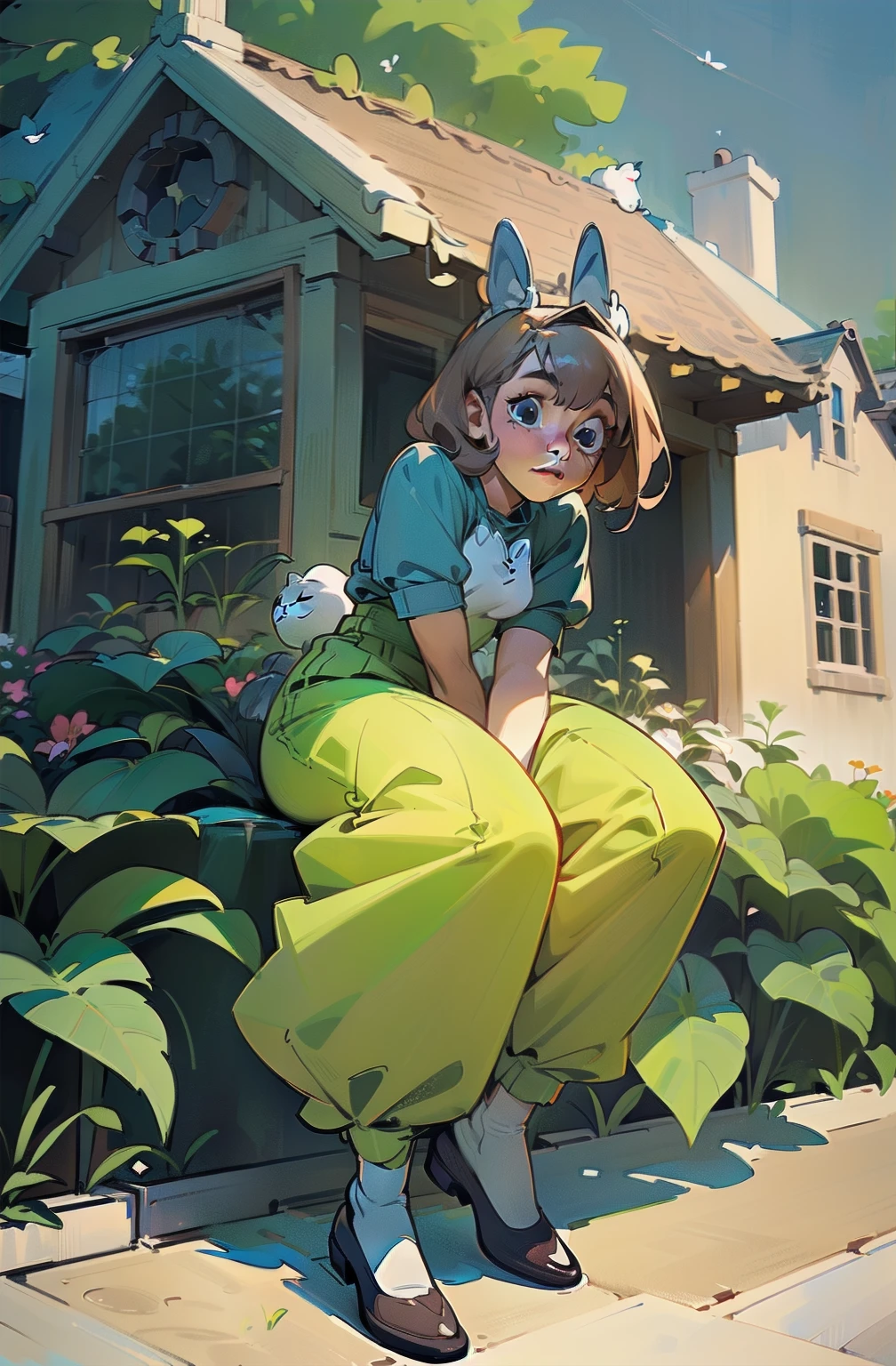 4k, realistic, carismatic, very detail, there is a girl on garden house, wearing rabbit woman , soft theme, pants, 2, full body