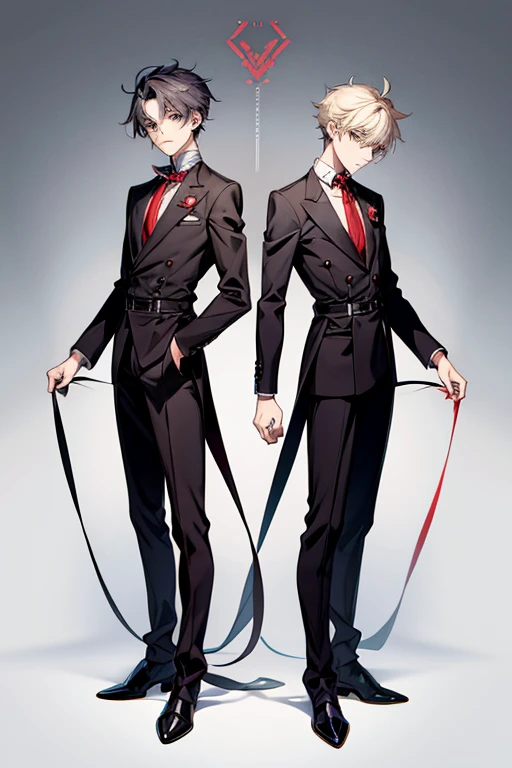 Anime-style illustration of the full body of twin boys, servants.