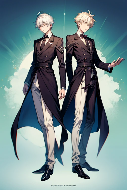 Anime-style illustration of the full body of twin boys, servants.