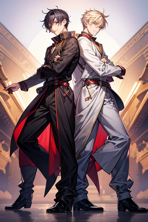Anime-style illustration of the full body of twin boys, servants.