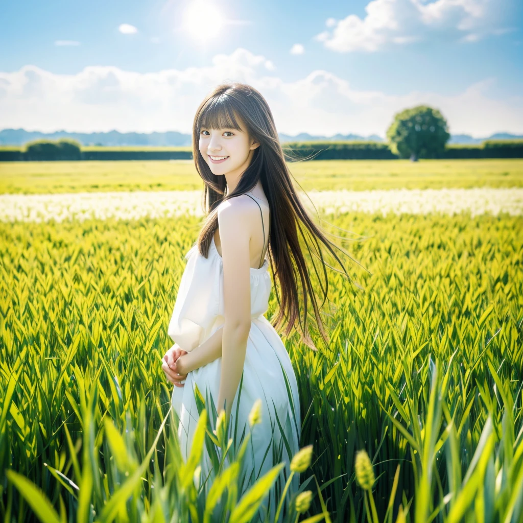 masterpiece, best quality, Ultra-high resolution, detailed illustration, portrait, detailed, 1 girl standing in a wheat field, Solitary, Long hair, skirt, flower, White Hanfu, Smile, whole body, white flower, Bare shoulders, very Long hair, Light green hair, Shut up, For the audience, Bangs,standing, blurred background, 