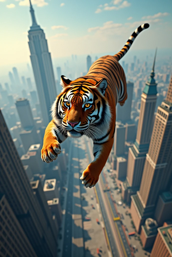 The tiger fly in sky and seeing the
City