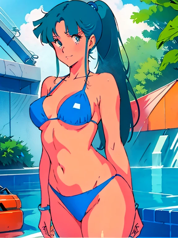Komi Shouko, micro string thong blue stripes print, no bra topless, shy, hand on hip, sandal (background: patio pool, poolchair, palmtrees)