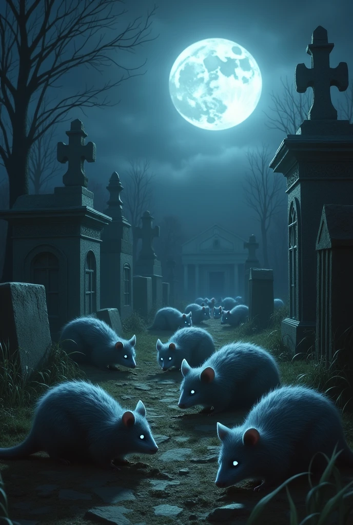possums emerging from the grave with the moon in the background