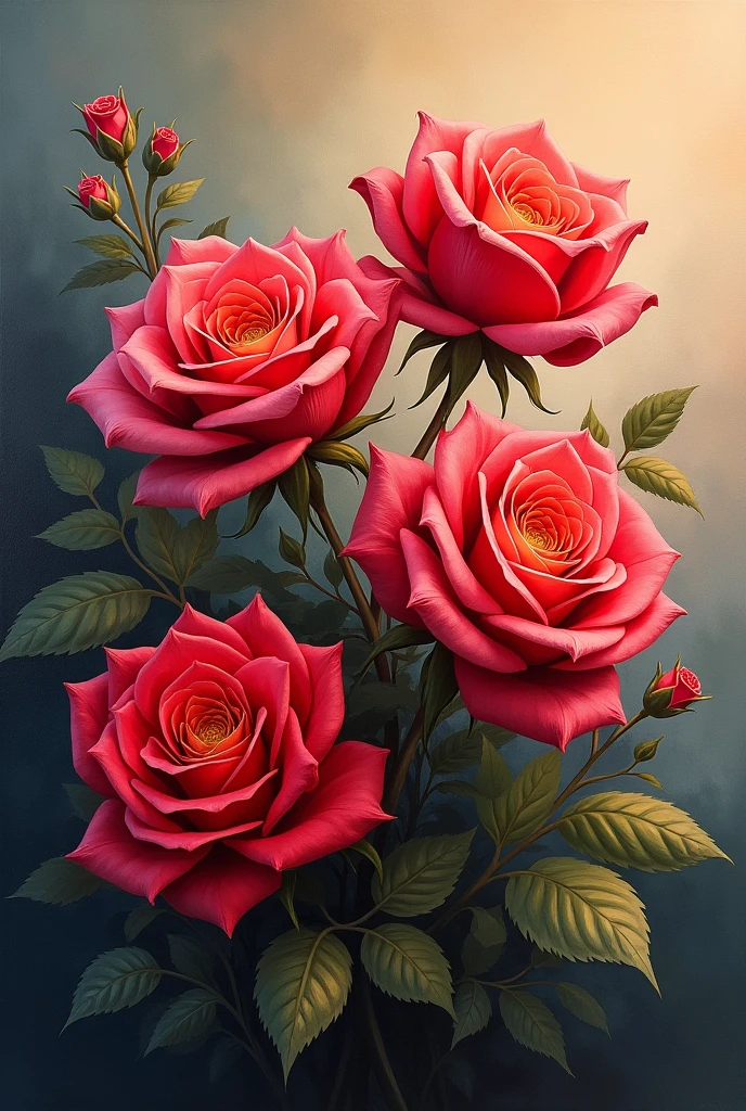 An acrylic painting of a bouquet with 3 roses
