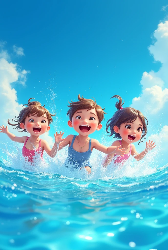happy children playing in a swimming pool with a blue sky, no trees
