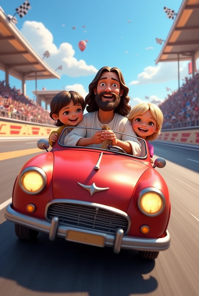 Uma imagem estilo Disney Pixar com Jesus e 3 crianças em um carro numa Speedway. Jesus must be driving the car, the steering wheel must be clearly visible. MAKE JESUS SMILER, Speedway.
