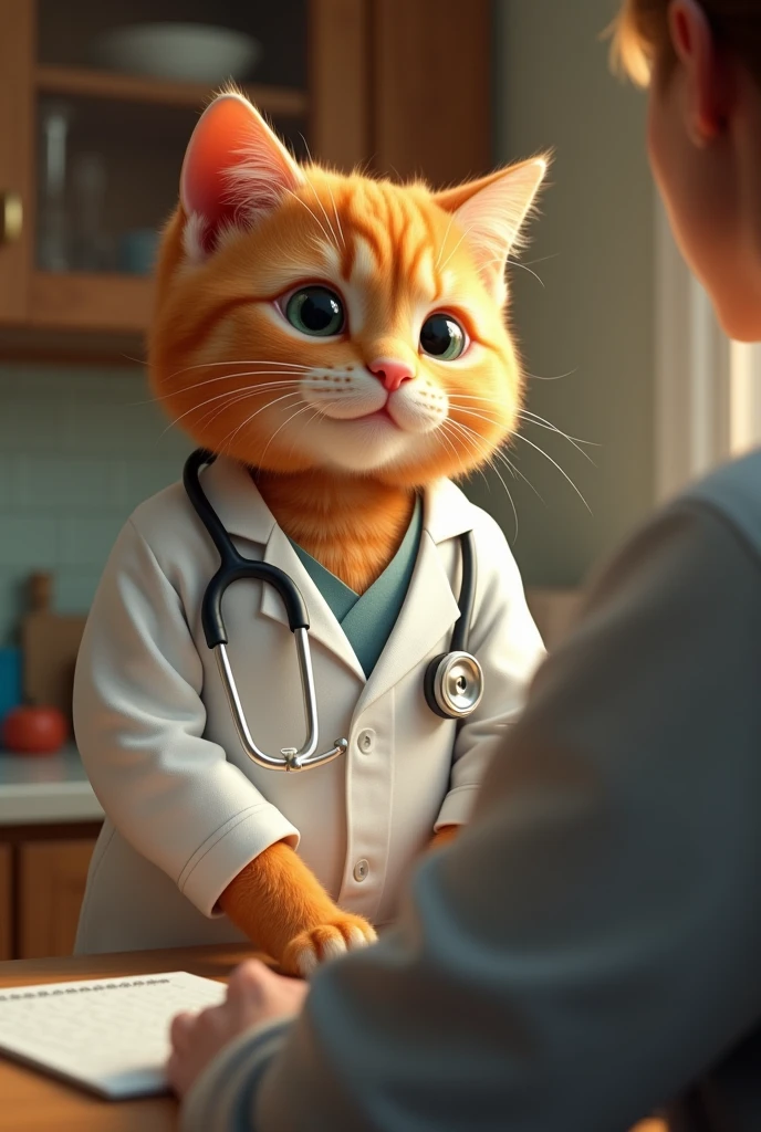 Cute close-up of an orange cat healing a person, In the kitchen, complicated details, ((Doctor cat)) ,Two-legged standing,white shirt, Standing on two legs,Intention,Medical Gown,Cat in a doctor's outfit