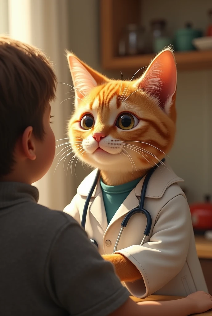 Cute close-up of an orange cat healing a person, In the kitchen, complicated details, ((Doctor cat)) ,Two-legged standing,white shirt, Standing on two legs,Intention,Medical Gown,Cat in a doctor's outfit