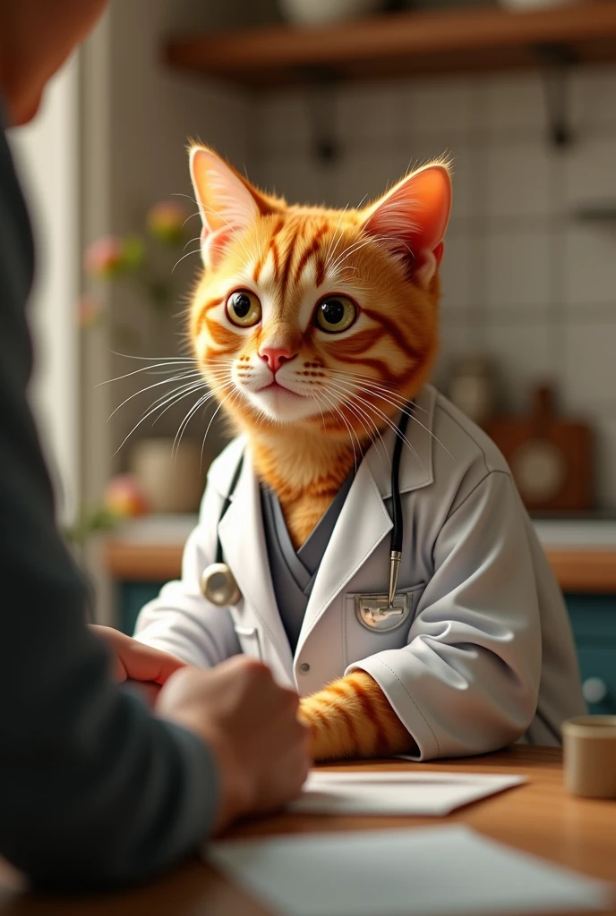 Cute close-up of an orange cat healing a person, In the kitchen, complicated details, ((Doctor cat)) ,Two-legged standing,white shirt, Standing on two legs,Intention,Medical Gown,Cat in a doctor's outfit