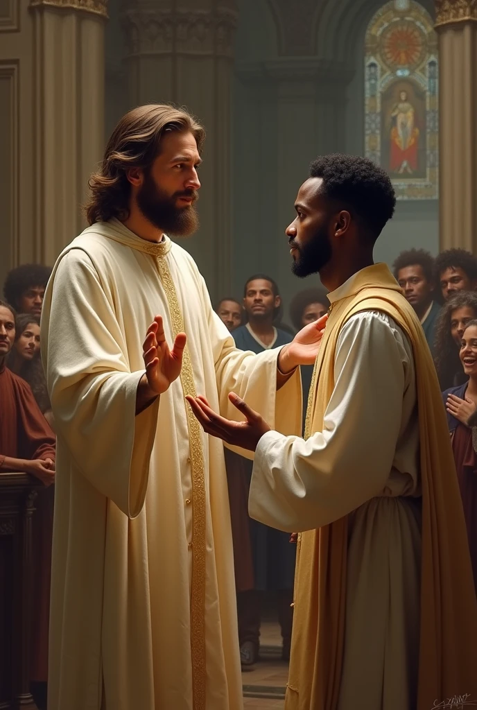 Jesus Christ in a priestly cassock, calling a young man of approximately age, with dark skin, short wavy hair, also with priestly cassock, in the background a church 