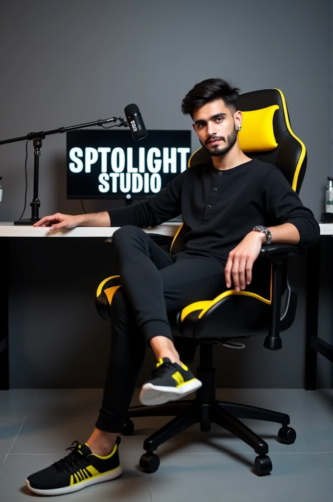 "a twenty years old beautiful pakistani boy, sits on a black gaming chair with yellow accent wearing modern black outfit with color matching shoes .behind him is a desk with computer monitor displaying the "spotlight studio" in large bold letters. the room has a modern design with grey wall and floor.theres a mic stand with mic setup adjusted near the face of boy".
