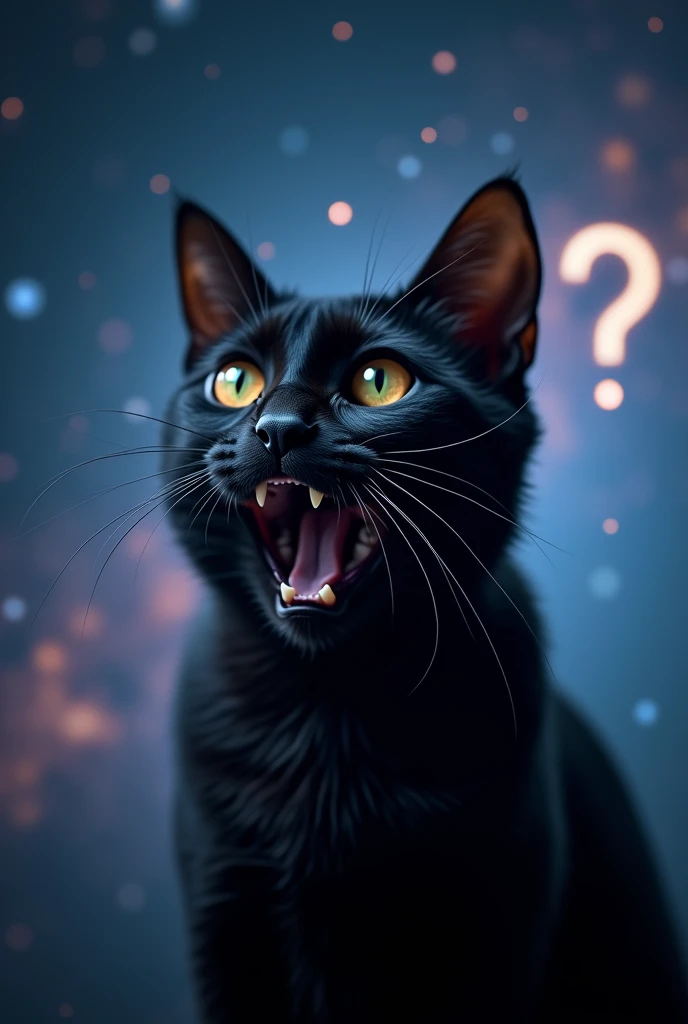 Close-up of a frightened black cat, Starry sky in the background (The stars and galaxies shine beautifully), Space Cat, Large target "!?" on the screen is written in Large target letters on the screen,