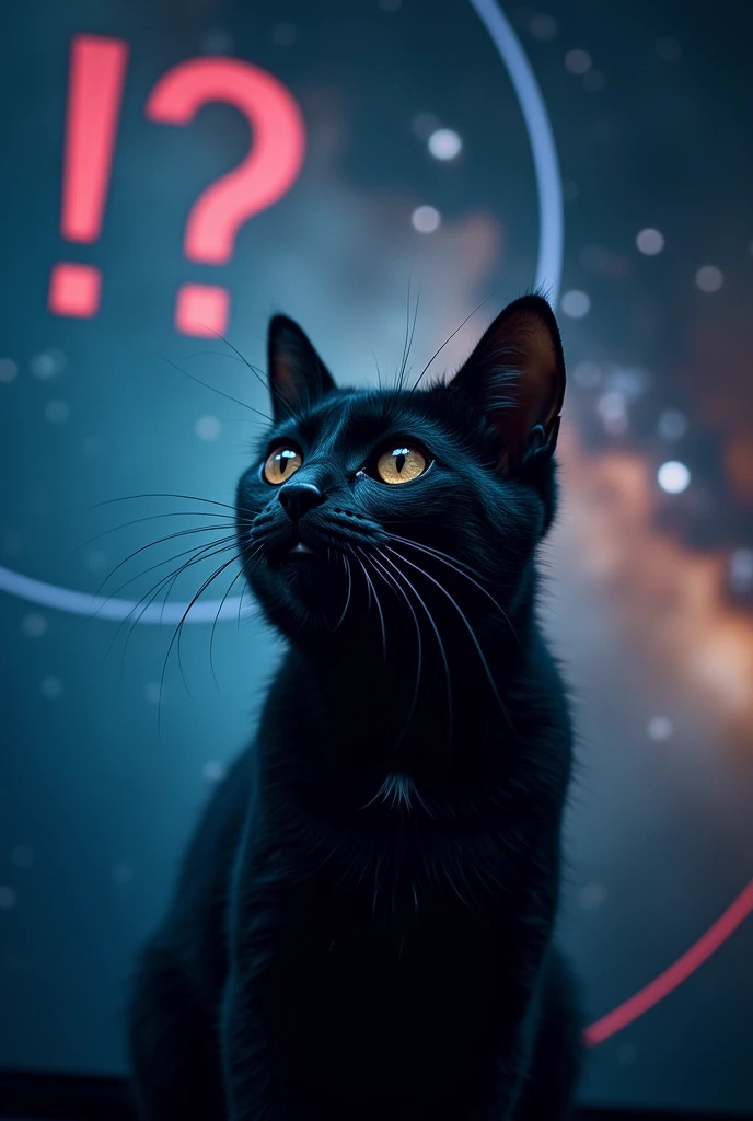 Close-up of a frightened black cat, Starry sky in the background (The stars and galaxies shine beautifully), Space Cat, Large target "!?" on the screen is written in Large target letters on the screen,